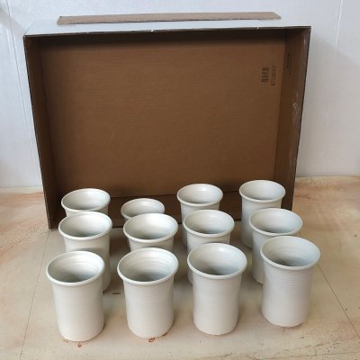 Freshly thrown porcelain mugs placed on a plaster table and being covered by a wax-lined box