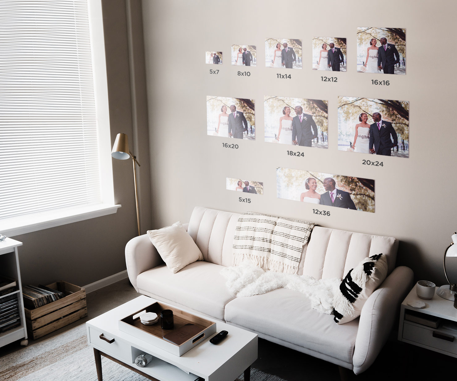 wall gallery above a couch of different sized photos